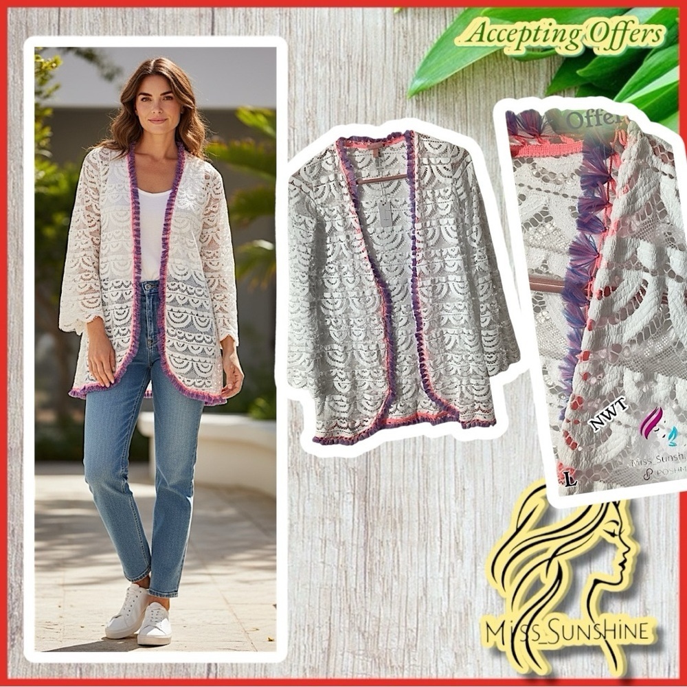 PILYQ NEW - Sz L - White Lace Cardigan with Pink and Purple Tassel Trim